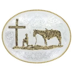 Montana Silversmiths Large Silver Engraved Western Belt Buckle With Christian Cowboy