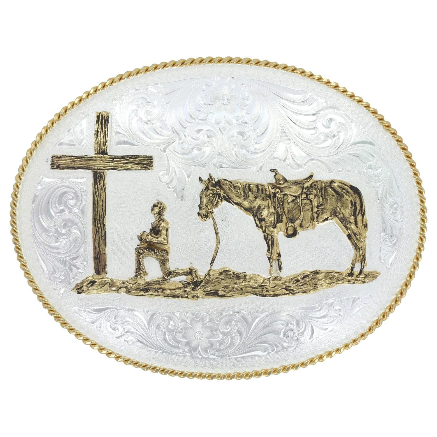 Montana Silversmiths Large Silver Engraved Western Belt Buckle With Christian Cowboy