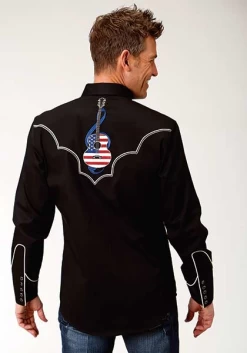 Roper Men's Black L/S Guitar Embroidered Western Shirt