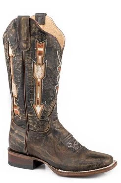 Roper Women's Vintage Brown Leather W/Inlay Arrows Western Boots