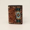 3D Men's Floral Tooled Bead Inlay Trifold Wallet