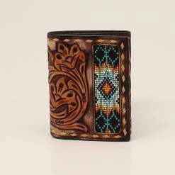 3D Men's Floral Tooled Bead Inlay Trifold Wallet