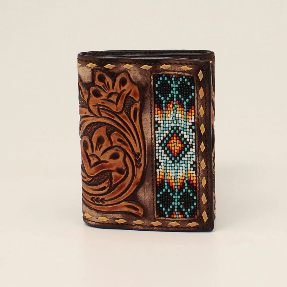 3D Men's Floral Tooled Bead Inlay Trifold Wallet