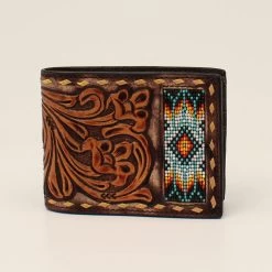 3D Men's Floral Tooled Bead Inlay Bifold Wallet