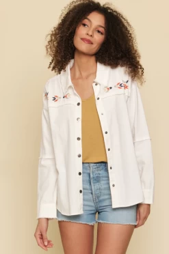Mystree Women's Embroidery Yoke Shirt Jacket - Ivory
