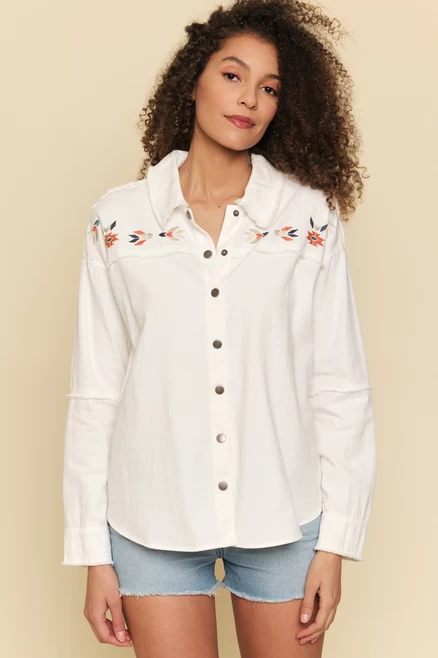 Mystree Women's Embroidery Yoke Shirt Jacket - Ivory - Image 2