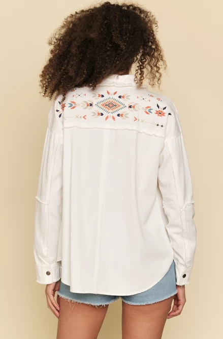 Mystree Women's Embroidery Yoke Shirt Jacket - Ivory - Image 3