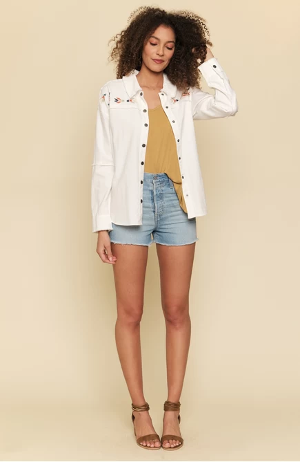 Mystree Women's Embroidery Yoke Shirt Jacket - Ivory - Image 4