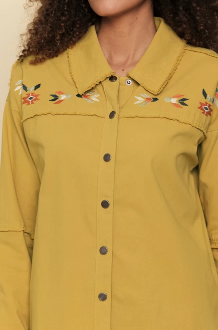 Mystree Women's Embroidery Yoke Shirt Jacket - Mustard - Image 3
