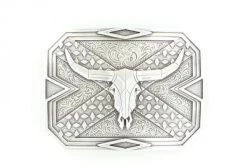 Nocona Silver Steer Head Skull Diamond Rectangle Buckle